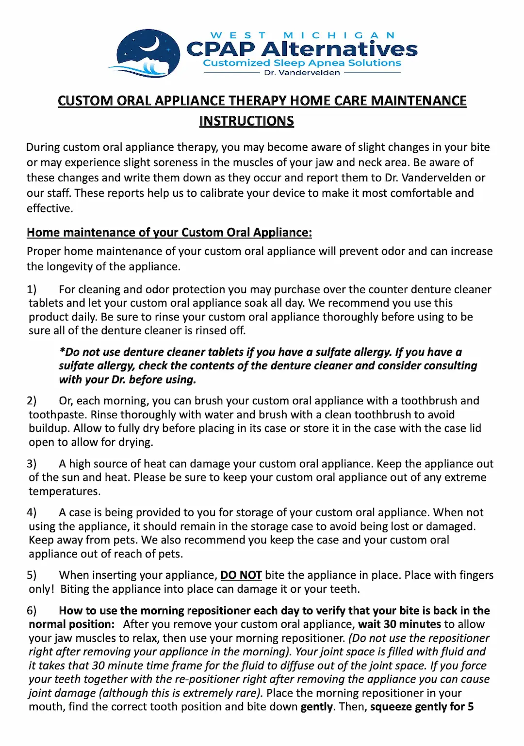 Custom Oral Appliance Therapy Home Care Maintenance Instructions