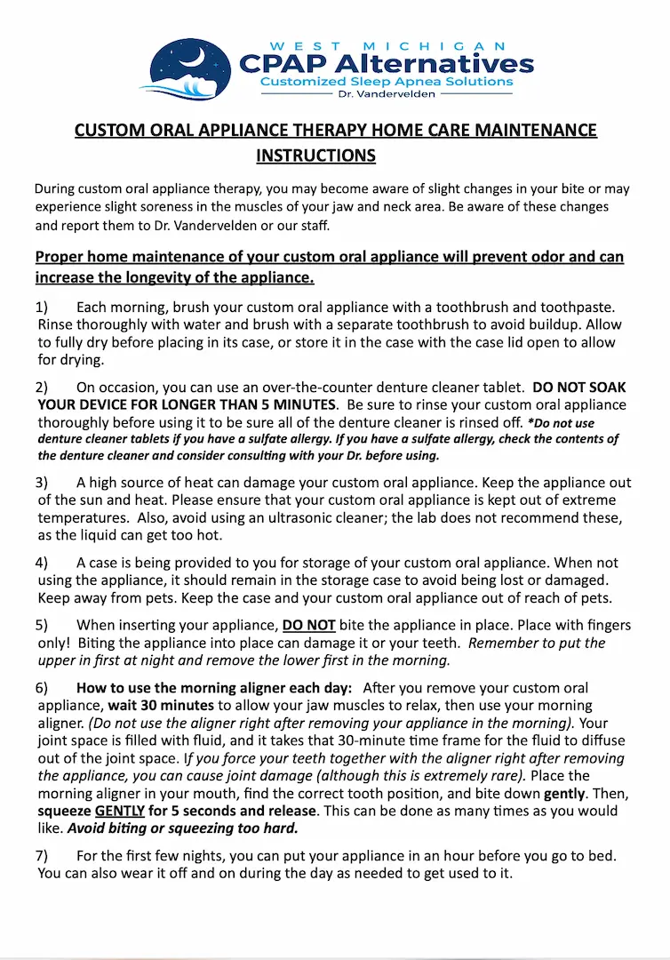 Custom Oral Appliance Therapy Home Care Maintenance Instructions